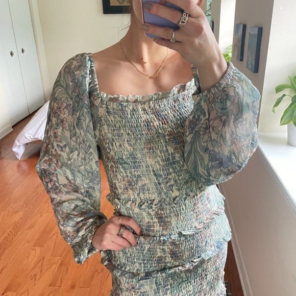 LoveShackFancy Floral Tiered Sabrina Long Sleeve Dress Size Medium - Picture 2 of 8